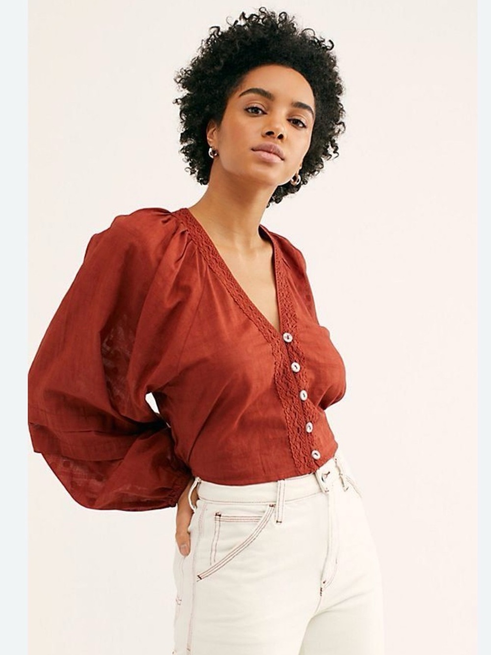 Free People Brick Red V-Neck Button Front Blouse